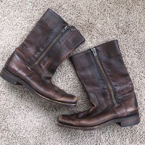 Brown leather Frye square-toe mid-length boots